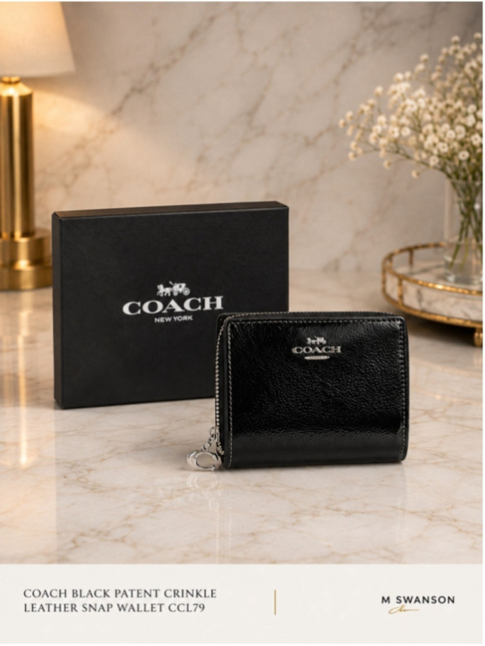 NEW Coach Black Patent Crinkle Leather Snap Wallet CCL79 New in Coach Box